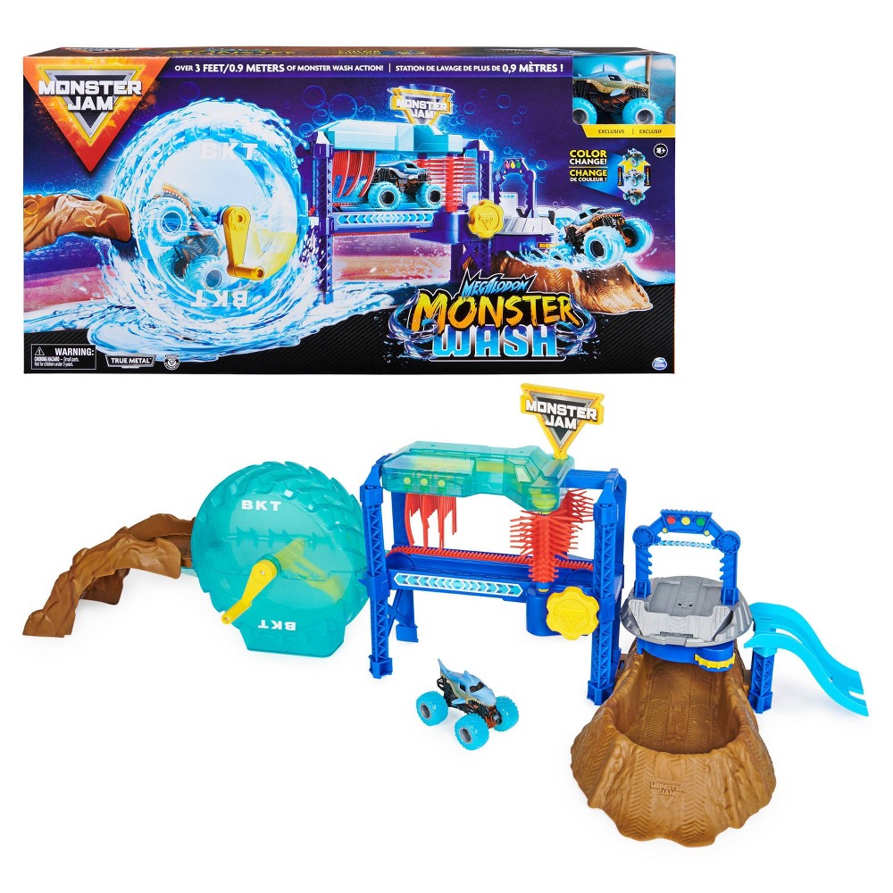 Monster Jam  Megalodon Monster Wash  Includes Color-Changing Megalodon Monster Truck  Interactive Water Play Kids Toys for Aged 3 and Up