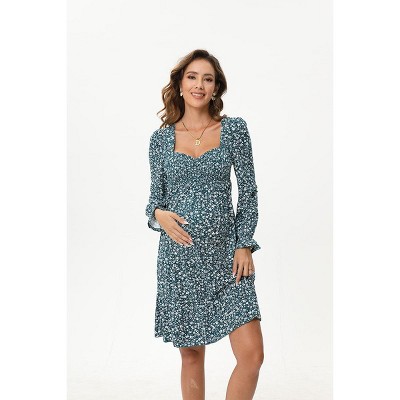A heart-shaped collar long sleeved printed short maternity dress with dark green floral print (print) dark green print_XL