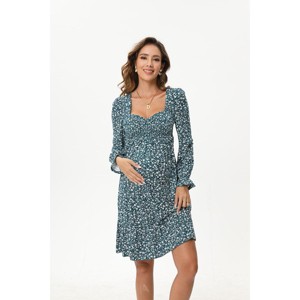 A heart-shaped collar long sleeved printed short maternity dress with dark green floral print (print) dark green print_XL - 1 of 1