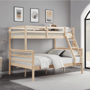 MAYEERTY Twin over Full Bunk Bed with Ladder, Wooden Bed Frame with High Guardrail and Ladder for Kids, No Box Spring Needed, Natural - 1 of 4