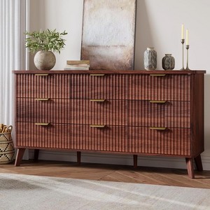 Modern Fluted Dresser for Bedroom, 60.6" Wide 9 Drawer Walnut Chest, Wood Dresser TV Stand with Curved Design for Living Room or Kids Room - 1 of 4