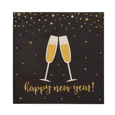 Juvale 100-Pack Happy New Year Champagne Glass Black Disposable Cocktail Paper Napkins Party Supplies