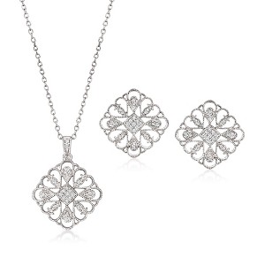 Ross-Simons 0.25 ct. t.w. Diamond Jewelry Set: Geometric Floral Pendant Necklace and Earrings in Sterling Silver - 1 of 4