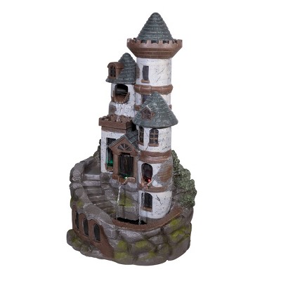 35" Gray Cement Outdoor Castle Fountain with LED Lights