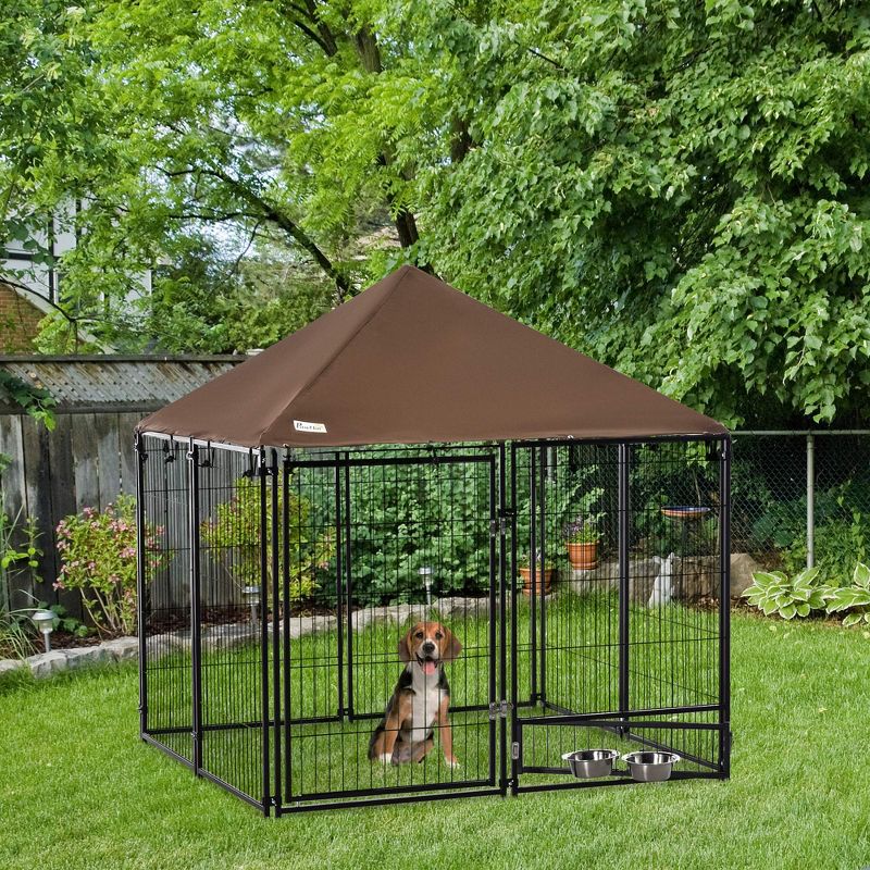 PawHut Outdoor Dog Kennel, Puppy Play Pen with Canopy Garden Playpen Fence Crate Enclosure Cage Rotating Bowl, Black, 2 of 7