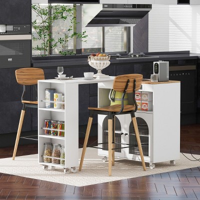 Rolling Kitchen Island With Extended Table,Kitchen Island on Wheels with LED Light,Power Outlets and 2 Fluted Glass Doors with 3 Shelves-Maison Boucle
