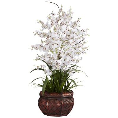Elegant Dancing Lady Purple Silk Flower Arrangement in Cross Weave Brown Vase
