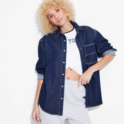 Women s Long Sleeve Oversized Structured Denim Shirt Wild Fable Blue Target