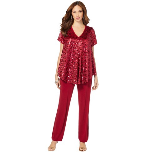 Roaman s Women s Plus Size Sequin Tunic Pant Set 20 W Classic Red Target