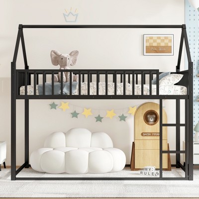 TIRAMISUBEST Twin size House Floor Bed with Detachable Slats, Versatile Metal House bed w/ Guardrails, Transformable Design, Transform into a Loft Bed