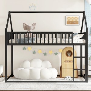 TIRAMISUBEST Twin size House Floor Bed with Detachable Slats, Versatile Metal House bed w/ Guardrails, Transformable Design, Transform into a Loft Bed - 1 of 4