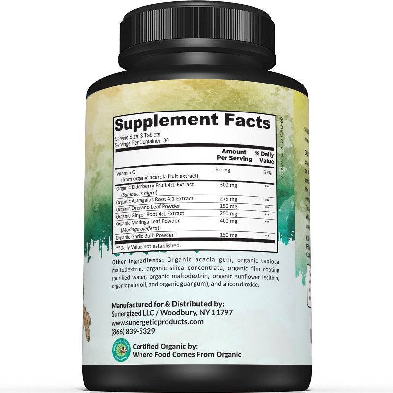 Sunergetic USDA Organic Immune Support Supplement  With Vitamin C, Elderberry, Astragalus, Oregano, Ginger, Moringa & Garlic - 90 Tablets, 2 of 4