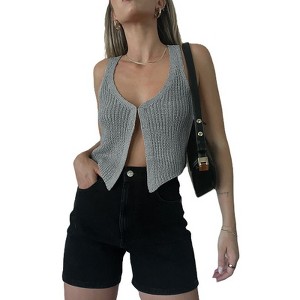 Women's  Deep V Neck Sleeveless Tank Top Sexy Button up Exquisite Knit Vest  Crochet Sweater Crop - 1 of 2