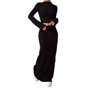 Coolmee Women's Fall Two Piece Matching Skirt Sets Long Sleeve Crop Tops Maxi Long Bodycon Skirts Vacation Outfits - 1 of 4