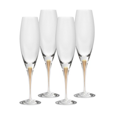 Orrefors Intermezzo 7 Fl. Oz. Stemmed Champagne Flute Glasses - Set of 4, Gold Drop - Kitchen & Dining Crystal Glassware - Dishwasher Safe