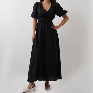 Women's V-Neck Midi Dress - Short Bubble Sleeves & Elastic Waist Casual Dress Cherie Code - 1 of 4