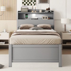 Twin Size Wooden Platform Bed with Trundle, Storage Headboard, and Drawers for Bedroom or Apartment - 1 of 4