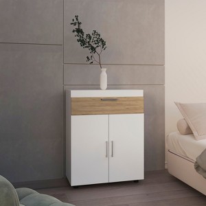 Vynxaria Modern Shoe Rack, 3-Door, 3-Shelf, White/Natural Oak, H 35.4" x W 27.8" x D 12.9" - 1 of 4