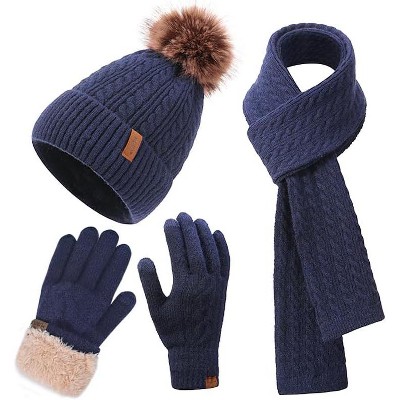 ZUPPAD Winter Hat Scarf Gloves Set for Women, Classic Cable Beanie with Removable Pom Pom Long Scarf Touchscreen Gloves 3 in 1 Set