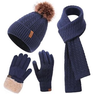 ZUPPAD Winter Hat Scarf Gloves Set for Women, Classic Cable Beanie with Removable Pom Pom Long Scarf Touchscreen Gloves 3 in 1 Set - 1 of 4
