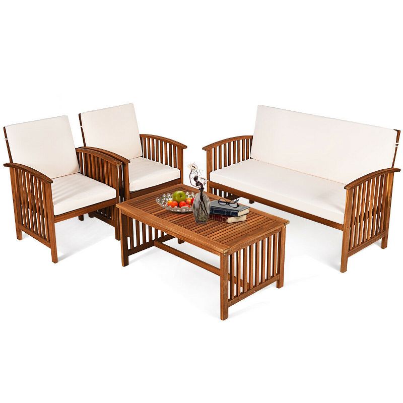 Tangkula 8PCS Wooden Patio Conversation Set Outdoor Furniture Set w/ Cushions, 5 of 8
