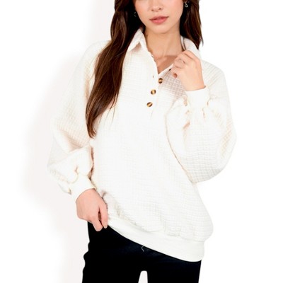 Anna-Kaci Women's Waffle Knit Pullover with Button-Down Collar and Balloon Sleeves