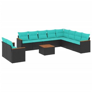 vidaXL Patio Sofa Set Black, Blue PE rattan, Powder-coated steel Large - Black and Blue With Table - 1 of 4