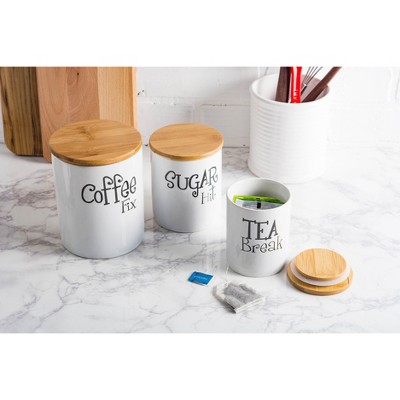 White Ceramic Honeycomb Canister Set with Bamboo Lids, 3 Piece
