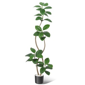 Artificial Rubber Tree Faux Plant with Resin Pot & Stone, Real Touch Large Indoor Tree for Home Office Decoration - 1 of 4