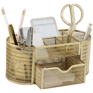 Blu Monaco Small Metal Mesh Desk Organizer with Drawer - Available in Aqua, Gold, and Pink - 1 of 4