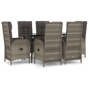 vidaXL 7 Piece Patio Dining Set with Cushions - Black/Gray Poly Rattan - Adjustable Backrest, Tempered Glass Table - 1 of 4