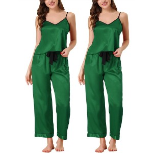 cheibear Women's Satin Silky Sleepwear Suspender Cami Top Long Pants Soft Pajama Set 2Packs - 1 of 4