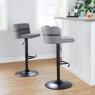 Set of 2 Adjustable Light Gray Swivel Barstools with Black Metal Base