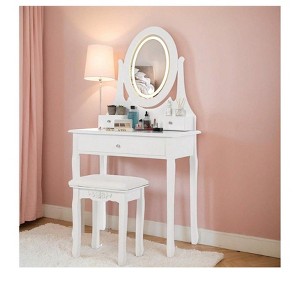Wood Makeup Vanity Desk with Oval Mirror and Stool 3 Lighting Modes 5 Large Drawers Modern Dressing Table for Girls Women - 1 of 4