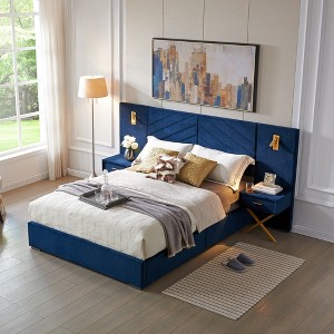 Whisen Queen Size Velvet Bed Frame, Upholstered Platform Bed, Vertical Channel Tufted Wingback Headboard - 1 of 4