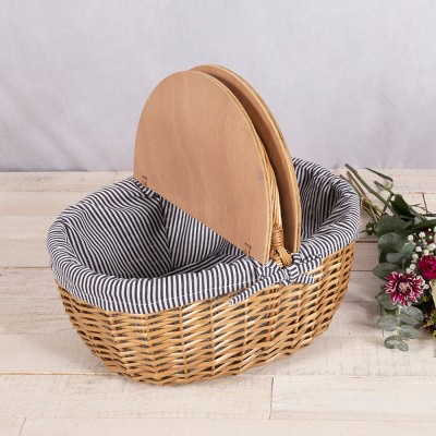 Navy Blue and White Stripe Wicker Picnic Basket with Wooden Lid