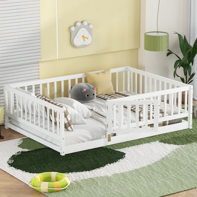 CAVINAS Full Size Wood Montessori Bed,Modern Floor Bed with Fence and Door,Toddler Bed for Bedroom