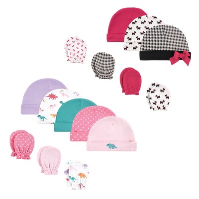 Image of Hudson Baby Infant Girl Cotton Cap and Scratch Mitten Bundle Set, Scottie Dog CuteaSaurus, 0-6 Months