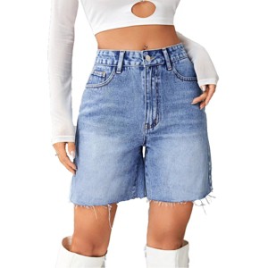 Womens Bermuda Demin Shorts High Rise Ripped Boxy Denim Shorts Wide Leg Denim Bermuda Shorts Denim Ripped Fringe Shorts - 1 of 4