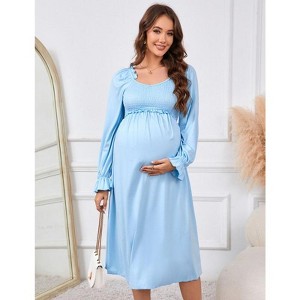 Coolmee Women Maternity Smocked Crew Neck Long Ruffled Sleeve Elastic Waist Flowy A-Line Midi Dress For Photoshoot Baby Shower - 1 of 4