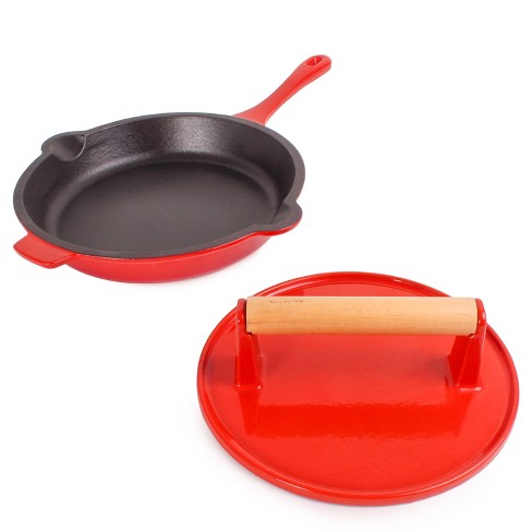 BergHOFF Neo 2 Pc. Cast-Iron Grill Pan & Slotted Steak Press Set, Red