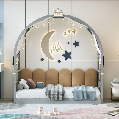 Twin Size Extended Bed With Arched Roof And Trundle, Trundle Beds Twin Size With Ground-Level Safety Design, Grounded Bed Modern-Cuddlewood