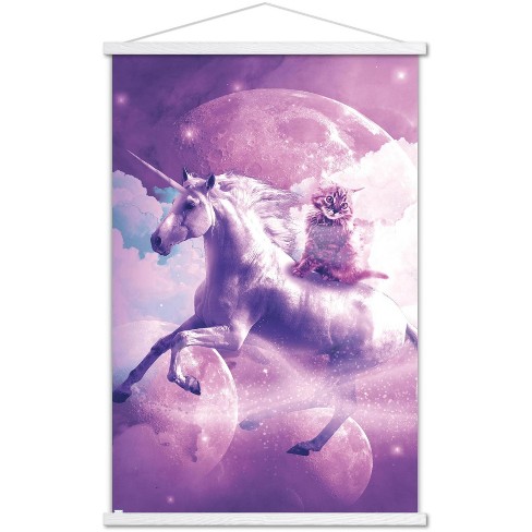 Trends International James Booker - Kitty Cat Riding On Space Galaxy Unicorn  Premium Framed Wall Poster Prints White Hanger Bundle 