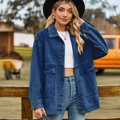 Coolmee Women's Jean Jackets Trendy Button Up Denim Shirt Jacket Oversized Long Sleeve Coat Fashion Clothes with Pockets