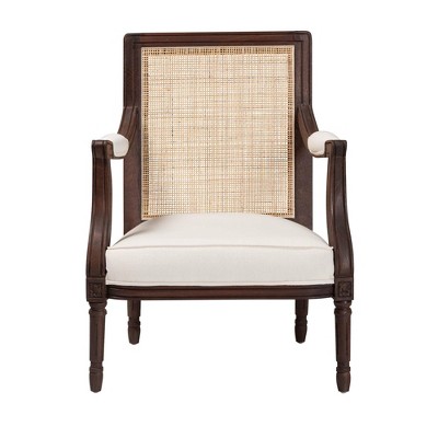 Traditional French Dark Brown Wood and Beige Fabric Accent Chair