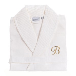 Linum Home Textiles 100% Turkish Cotton Unisex Personalized Waffle Weave White Bathrobe in Gold Script Font - 1 of 1