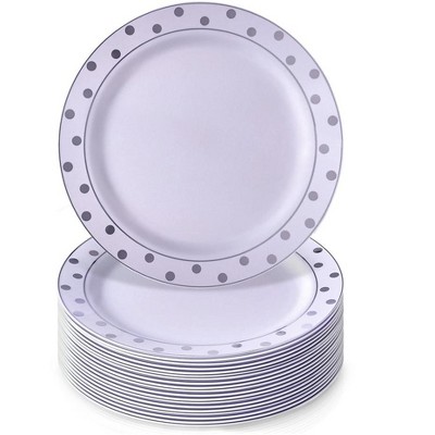 Silver Spoons Elegant Disposable Plastic Plates for Party, Heavy Duty Silver Salad Plates - 7.5", (20 PC) - Charming Dots Collection