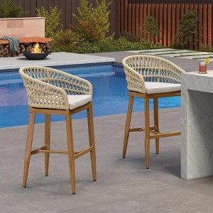 PURPLE LEAF Outdoor Rattan Bar Stools Set of 2 Modern Boho Aluminum Patio Bar Height Chair with Cushion for Garden Outdoor and Indoor - 1 of 4