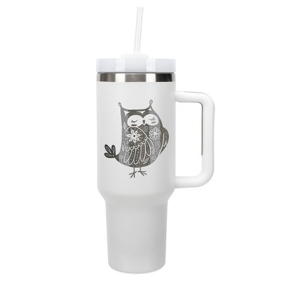 Elanze Designs 40 Ounce Travel Tumbler With Straw and Lid Stainless Steel Double Wall Insulated Garden of Flowers Owl White