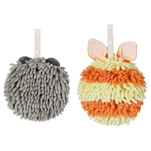 REGALWOVEN 2 Packs Fluffy Chenille Rabbit Shape Cute Soft Absorbent Hanging Ball Hand Towels 7" x 7" - 1 of 4